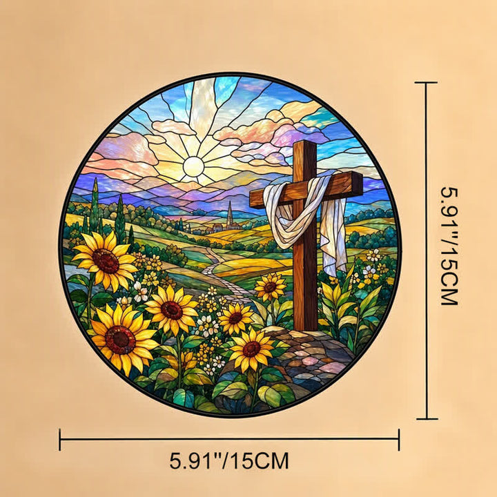 Christianartworkshop Sunrise Sunflower Cross Round Glass Suncatcher: Token of Gentle Divine Renewal - 5.91''*5.91''*0.14''/15*15*0.35cm - image 8