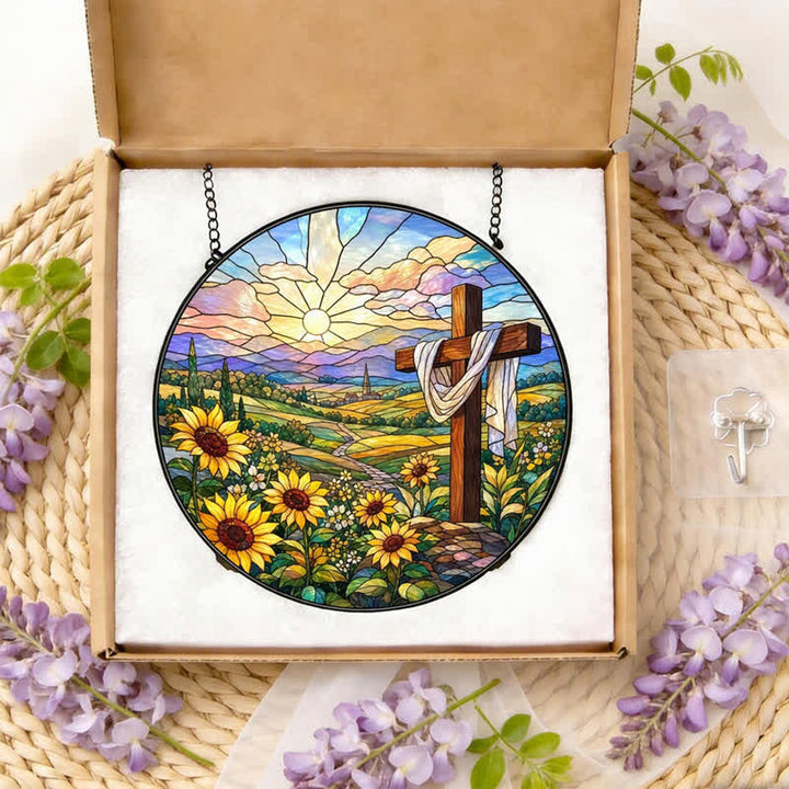 Christianartworkshop Sunrise Sunflower Cross Round Glass Suncatcher: Token of Gentle Divine Renewal - image 2
