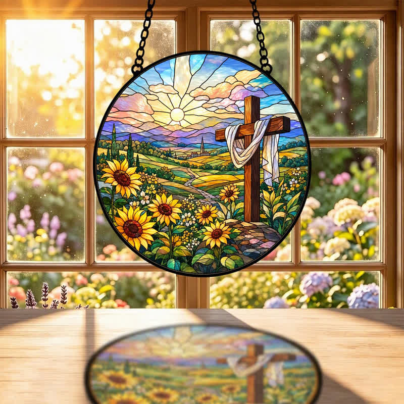 Christianartworkshop Sunrise Sunflower Cross Round Glass Suncatcher: Token of Gentle Divine Renewal - image 1