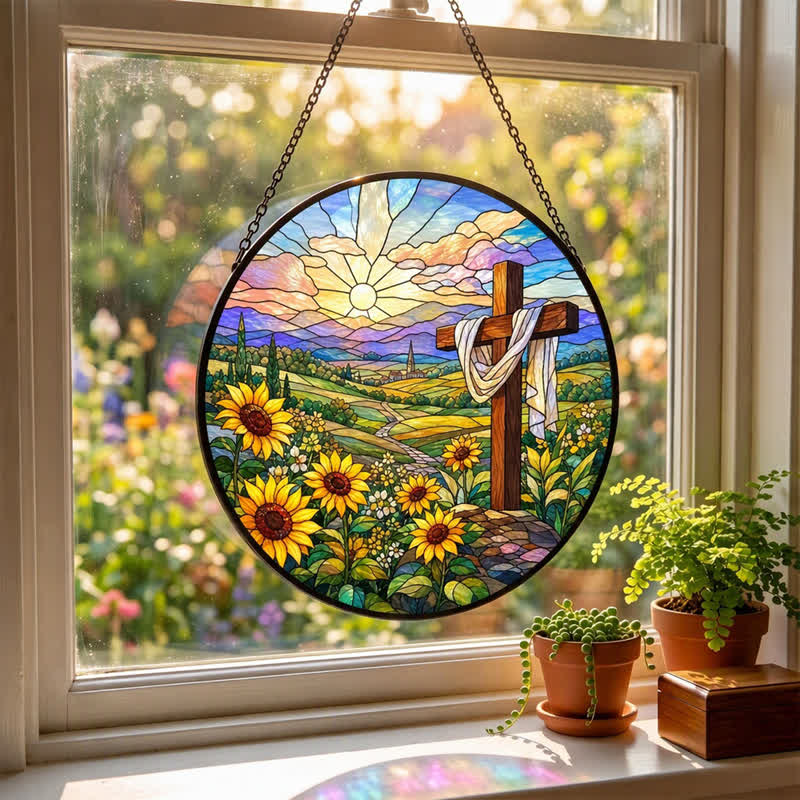 Christianartworkshop Sunrise Sunflower Cross Round Glass Suncatcher: Token of Gentle Divine Renewal - image 3