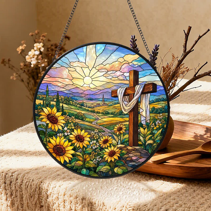 Christianartworkshop Sunrise Sunflower Cross Round Glass Suncatcher: Token of Gentle Divine Renewal - image 5