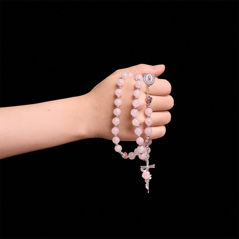 Christianartworkshop Blush Rose Quartz Rosary With Our Lady Medallion & Rose Cross: Token of Tender Divine Love - image 1