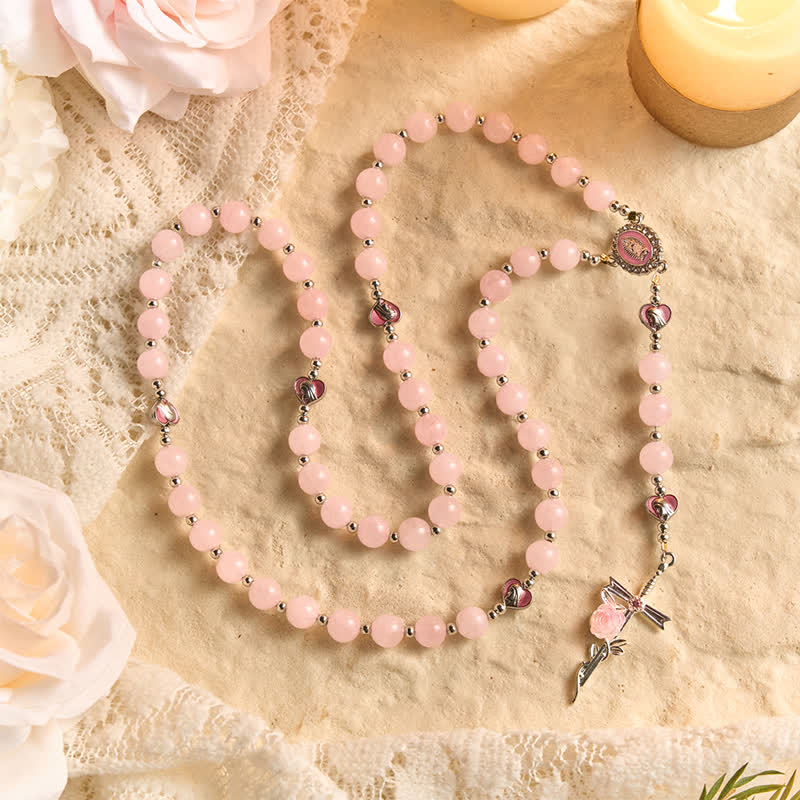FREE Today: Blush Rose Quartz Rosary With Our Lady Medallion & Rose Cross: Token of Tender Divine Love - Pink Quartz Rose Rosary - image 0