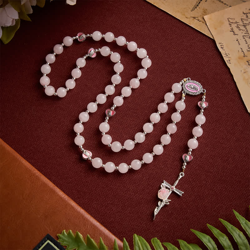 FREE Today: Blush Rose Quartz Rosary With Our Lady Medallion & Rose Cross: Token of Tender Divine Love - image 4