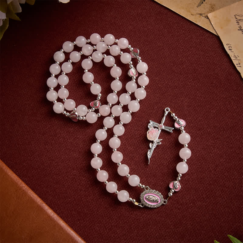 Christianartworkshop Blush Rose Quartz Rosary With Our Lady Medallion & Rose Cross: Token of Tender Divine Love - image 4