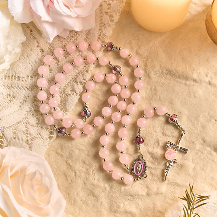 FREE Today: Blush Rose Quartz Rosary With Our Lady Medallion & Rose Cross: Token of Tender Divine Love - image 3