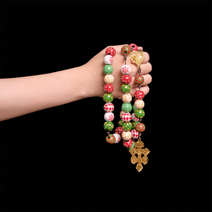 Christianartworkshop Festive Christmas Wooden Bead Rosary With Holy Spirit Medal & Golden Crucifix - image 1