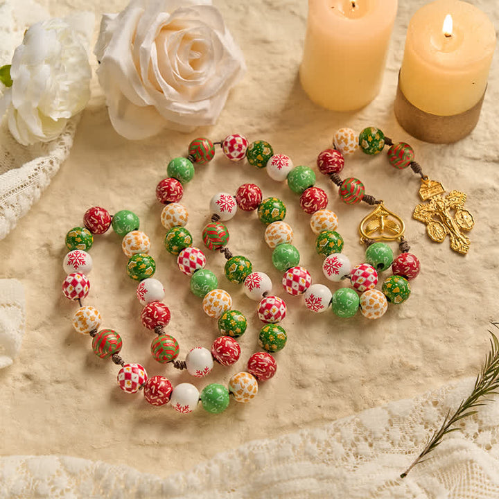 Christianartworkshop Festive Christmas Wooden Bead Rosary With Holy Spirit Medal & Golden Crucifix - image 5