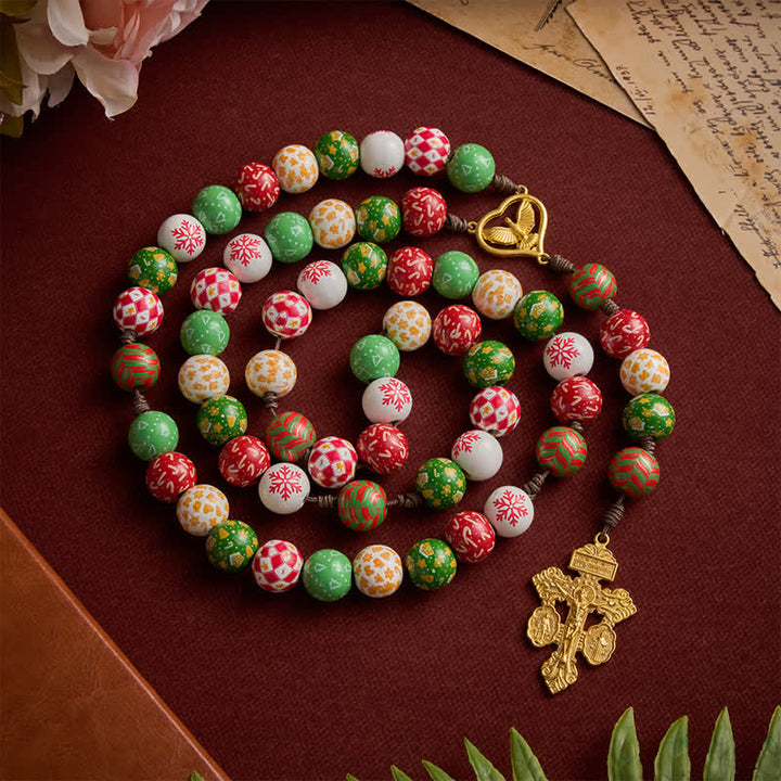 Christianartworkshop Festive Christmas Wooden Bead Rosary With Holy Spirit Medal & Golden Crucifix - image 2
