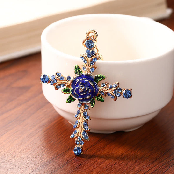 Christianartworkshop Floral Decorated Zinc Alloy Cross Keychain: Token of Tender Divine Affection - Blue - image 3