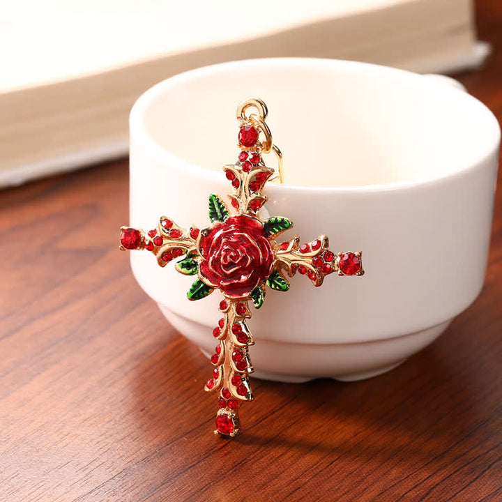 Christianartworkshop Floral Decorated Zinc Alloy Cross Keychain: Token of Tender Divine Affection - Red - image 2