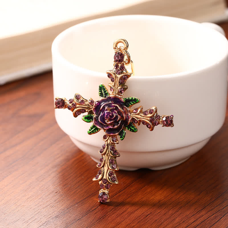 Christianartworkshop Floral Decorated Zinc Alloy Cross Keychain: Token of Tender Divine Affection - Purple - image 4