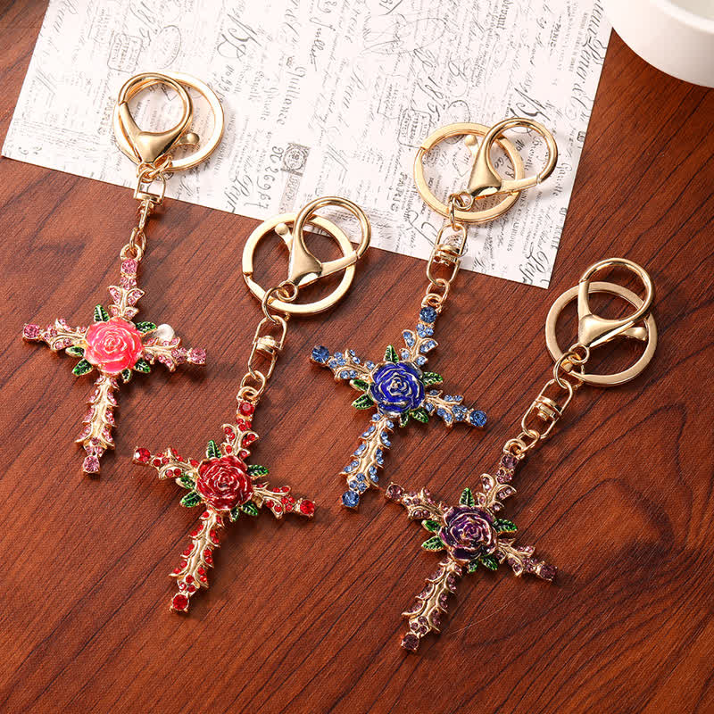 Christianartworkshop Floral Decorated Zinc Alloy Cross Keychain: Token of Tender Divine Affection - image 0