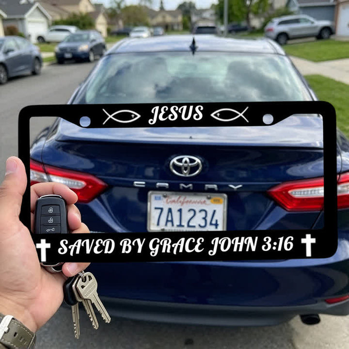 Christianartworkshop Sacred Ichthys & Cross Scripture Metal Car Frame: Witness of Graceful Salvation - 12.2"*5.91"*0.4"/31cm*15cm*1cm(Standard 6"x12" US plate size) - image 0