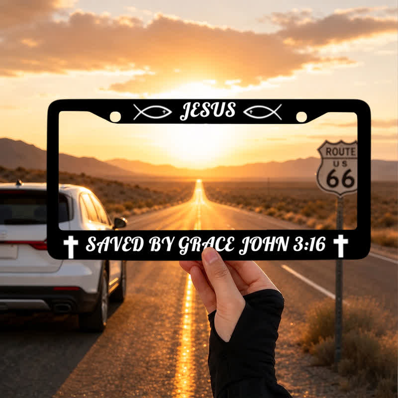 Christianartworkshop Sacred Ichthys & Cross Scripture Metal Car Frame: Witness of Graceful Salvation - image 1