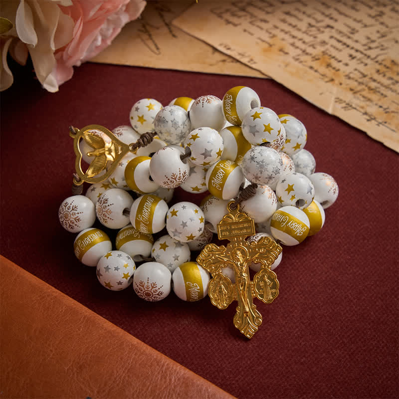 Christianartworkshop White & Golden Snowflake & Star Wooden Bead Rosary with Holy Spirit Heart Medal & Golden Crucifix - image 6