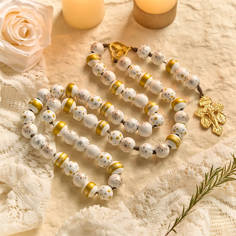 Christianartworkshop White & Golden Snowflake & Star Wooden Bead Rosary with Holy Spirit Heart Medal & Golden Crucifix - image 5