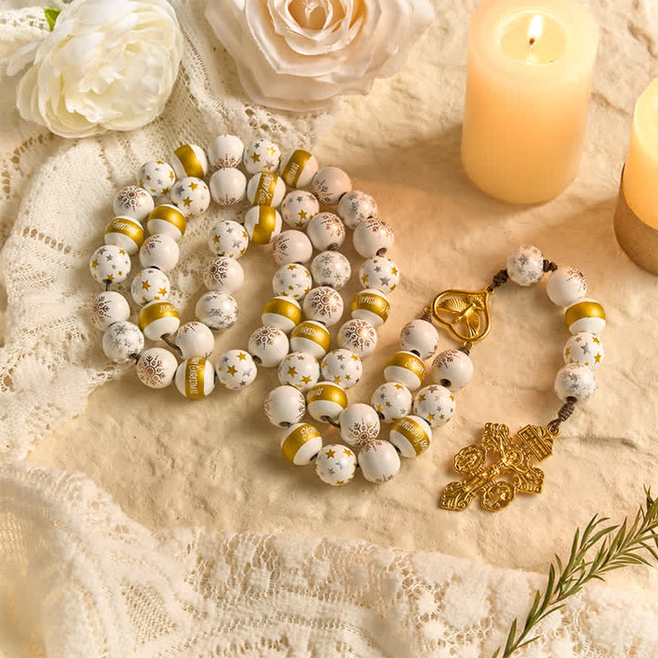 Christianartworkshop White & Golden Snowflake & Star Wooden Bead Rosary with Holy Spirit Heart Medal & Golden Crucifix - image 4