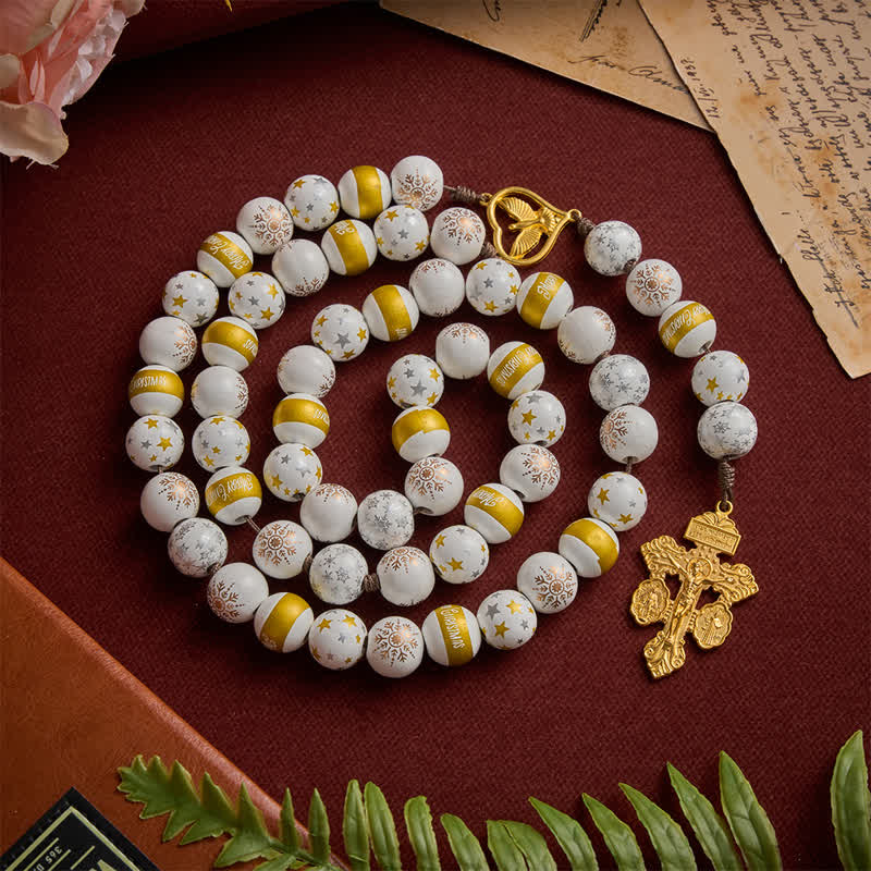 Christianartworkshop White & Golden Snowflake & Star Wooden Bead Rosary with Holy Spirit Heart Medal & Golden Crucifix - image 2