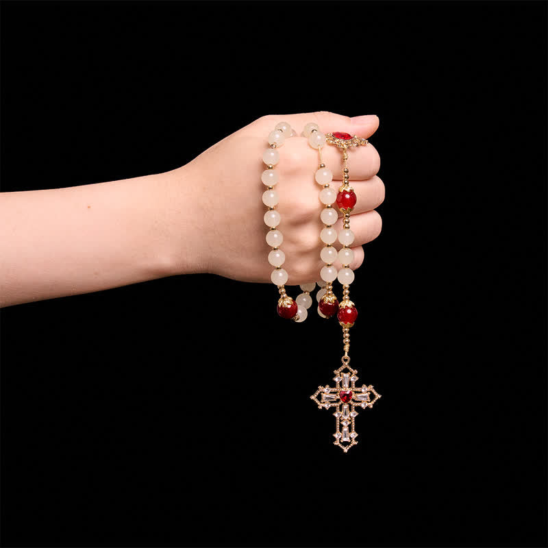 Christianartworkshop Cream Glass Bead Rosary with Ruby Red Accent Beads & Sacred Heart Medal & Jeweled Crucifix - image 1