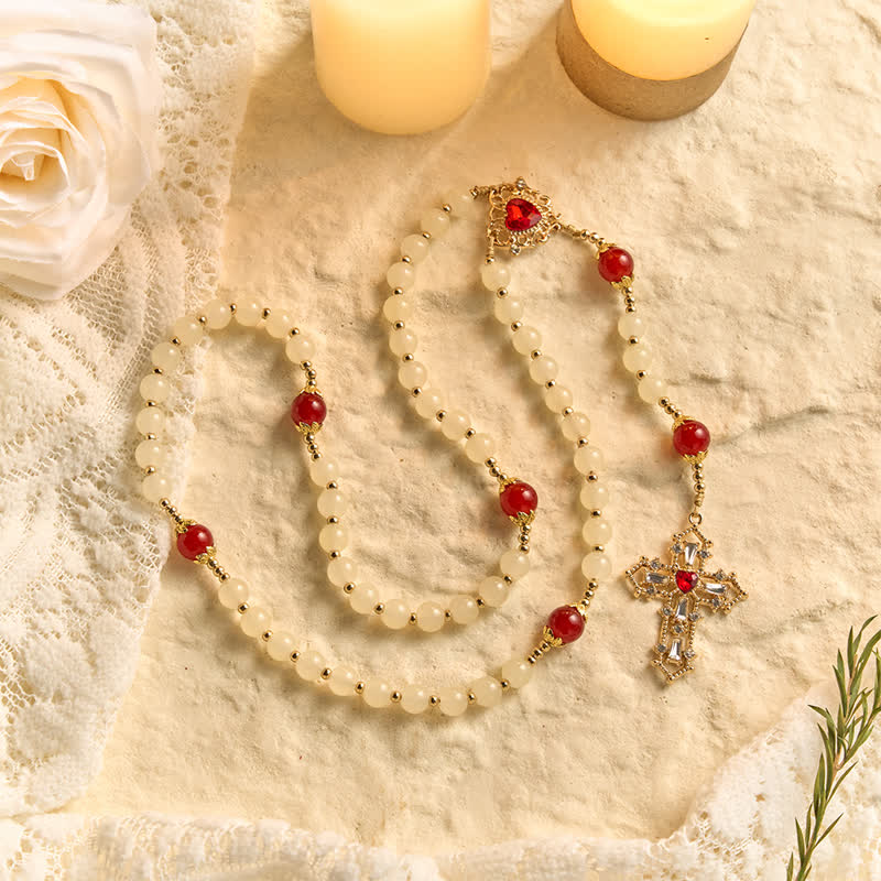 Christianartworkshop Cream Glass Bead Rosary with Ruby Red Accent Beads & Sacred Heart Medal & Jeweled Crucifix - Pale Yellow & Agate Red Rosary - image 0