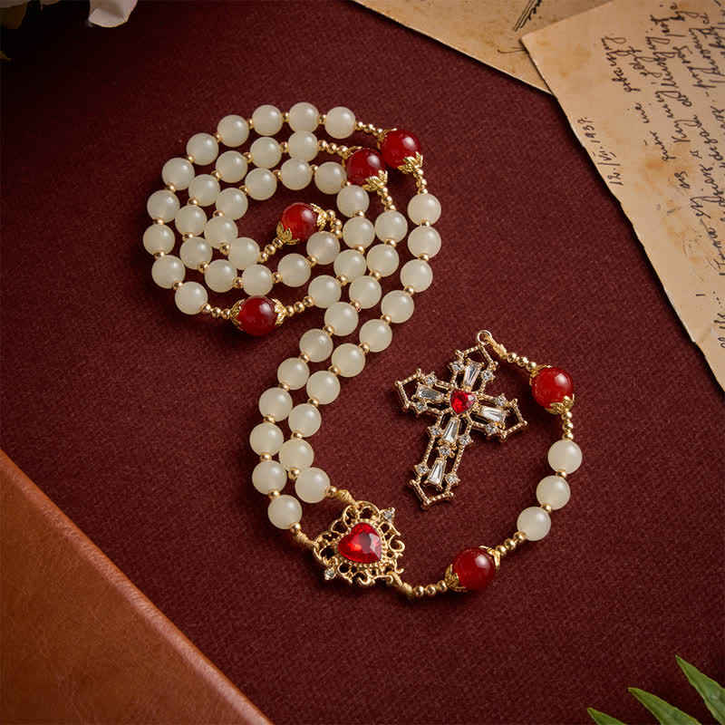 Christianartworkshop Cream Glass Bead Rosary with Ruby Red Accent Beads & Sacred Heart Medal & Jeweled Crucifix - image 2