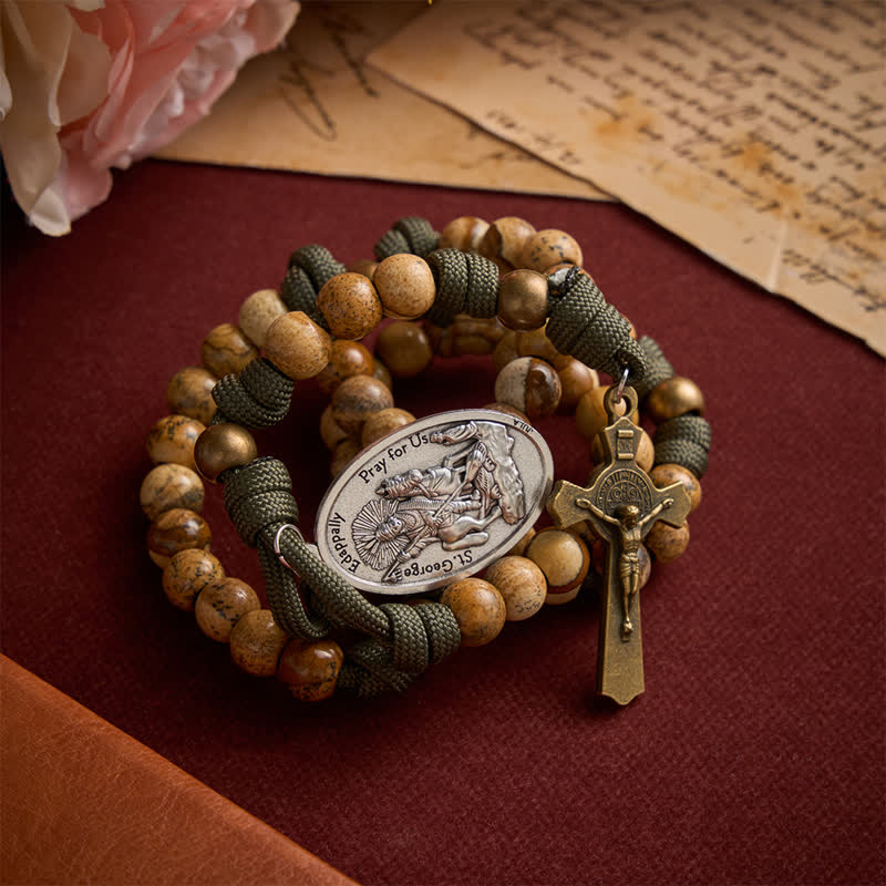 Christianartworkshop Earthy Picture Stone Paracord Rosary With St. George Medal & Antique Crucifix - image 5