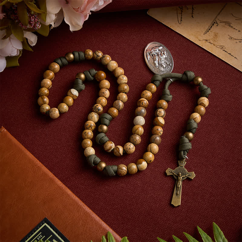 Christianartworkshop Earthy Picture Stone Paracord Rosary With St. George Medal & Antique Crucifix - image 1