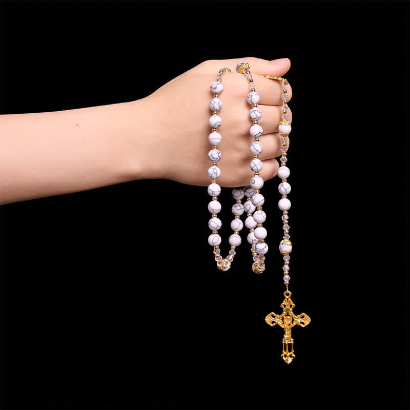 Christianartworkshop White Veined Howlite Stone Rosary With Our Lady Medal & Golden Crucifix - image 1