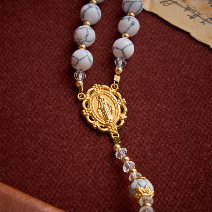Christianartworkshop White Veined Howlite Stone Rosary With Our Lady Medal & Golden Crucifix - image 7