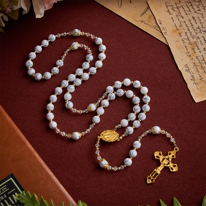 Christianartworkshop White Veined Howlite Stone Rosary With Our Lady Medal & Golden Crucifix - White Turquoise-Styled Rosary - image 0