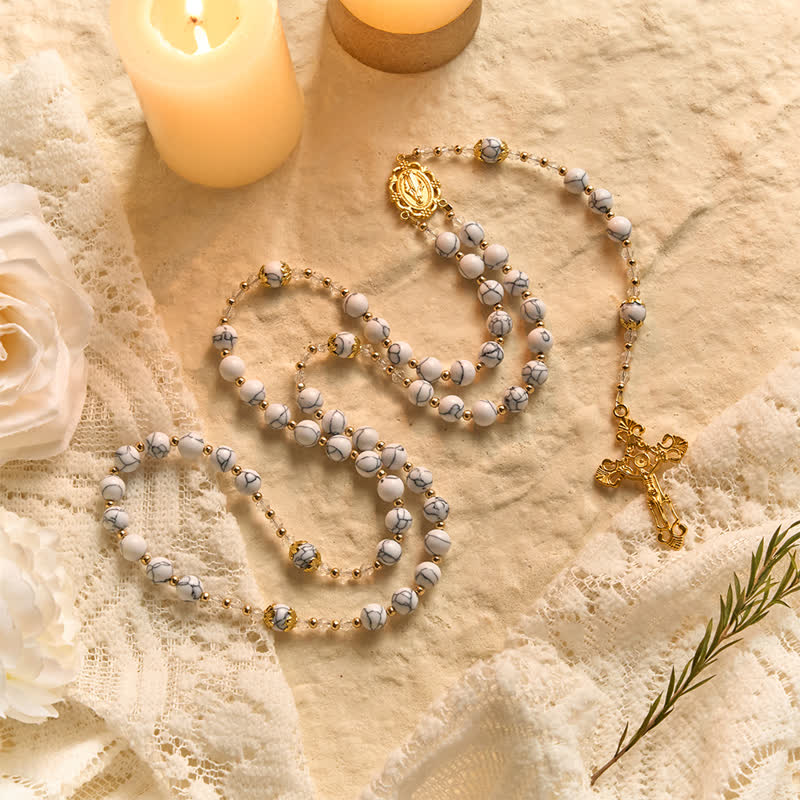 Christianartworkshop White Veined Howlite Stone Rosary With Our Lady Medal & Golden Crucifix - image 4