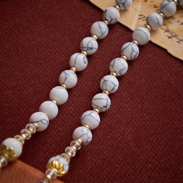 Christianartworkshop White Veined Howlite Stone Rosary With Our Lady Medal & Golden Crucifix - image 6
