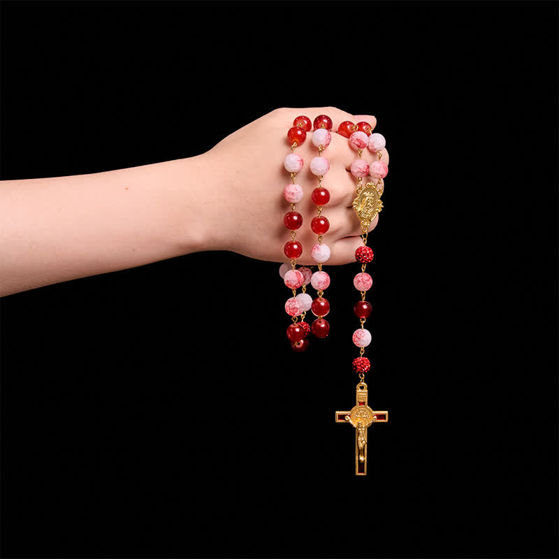 Christianartworkshop Festive Red & Frosted Crackle Glass Rosary With Our Lady Medal & Red Crucifix - image 1