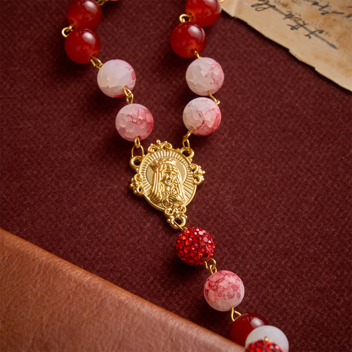 FREE Today: Festive Red & Frosted Crackle Glass Rosary With Our Lady Medal & Red Crucifix - image 8