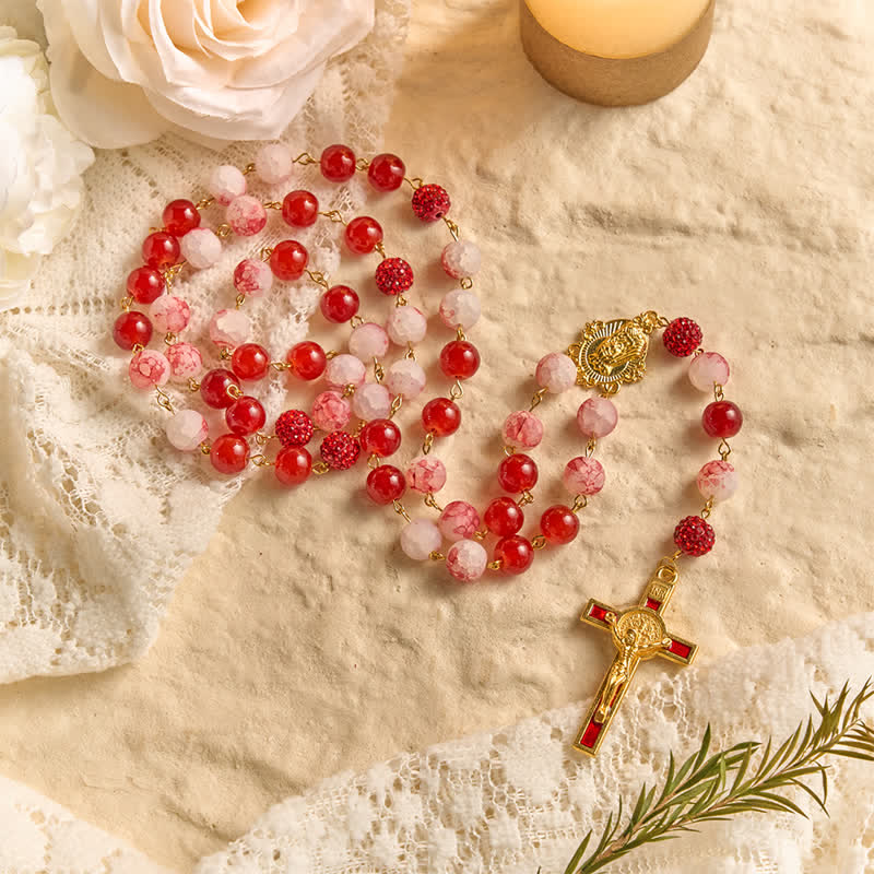 Christianartworkshop Festive Red & Frosted Crackle Glass Rosary With Our Lady Medal & Red Crucifix - image 5