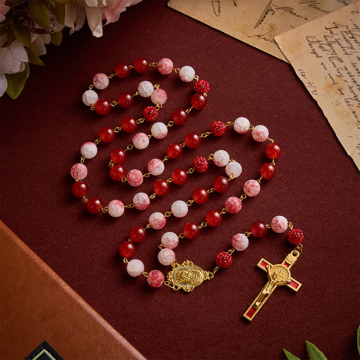 FREE Today: Festive Red & Frosted Crackle Glass Rosary With Our Lady Medal & Red Crucifix - image 2