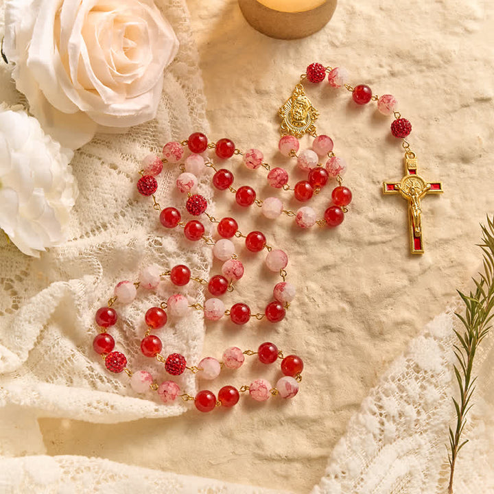 Christianartworkshop Festive Red & Frosted Crackle Glass Rosary With Our Lady Medal & Red Crucifix - image 4