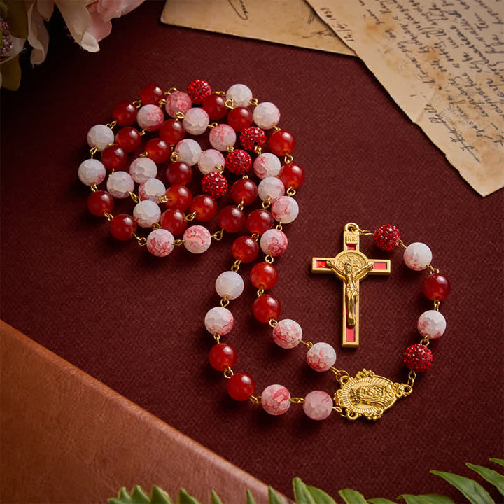 Christianartworkshop Festive Red & Frosted Crackle Glass Rosary With Our Lady Medal & Red Crucifix - image 3