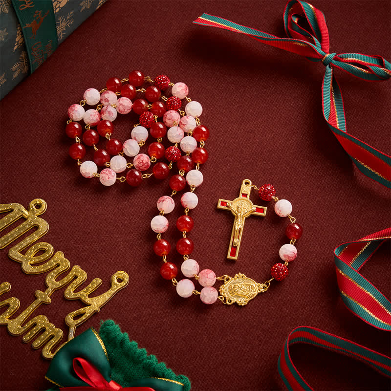 FREE Today: Festive Red & Frosted Crackle Glass Rosary With Our Lady Medal & Red Crucifix - Festive Red Rosary - image 0