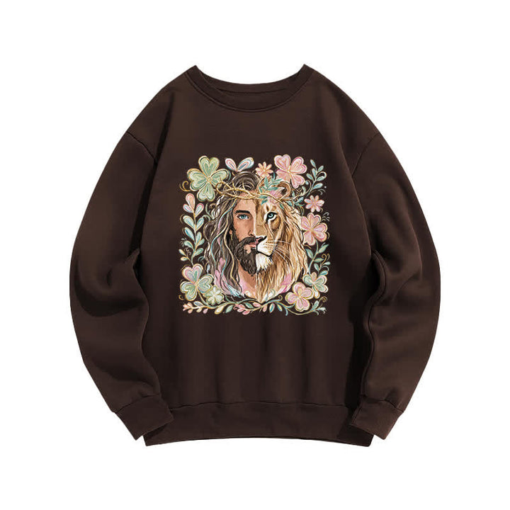 Christianartworkshop Lion Of Judah Floral Portrait Crewneck Sweatshirt - Brown - 2XL - image 2