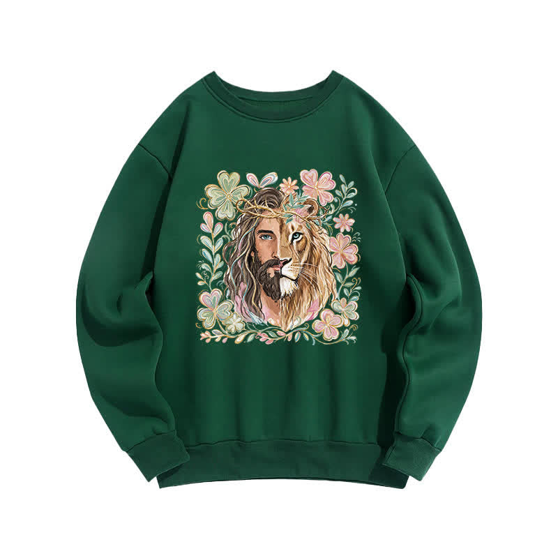 Christianartworkshop Lion Of Judah Floral Portrait Crewneck Sweatshirt - Green - 2XL - image 5