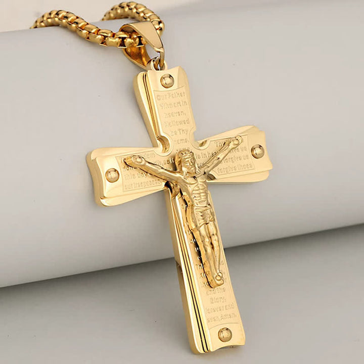 FREE Today: Four-Styled Stainless Steel Textured Crucifix Necklace: Sacred Mark of Abiding Grace - Golden - 2.5mm Rope Chain - image 1