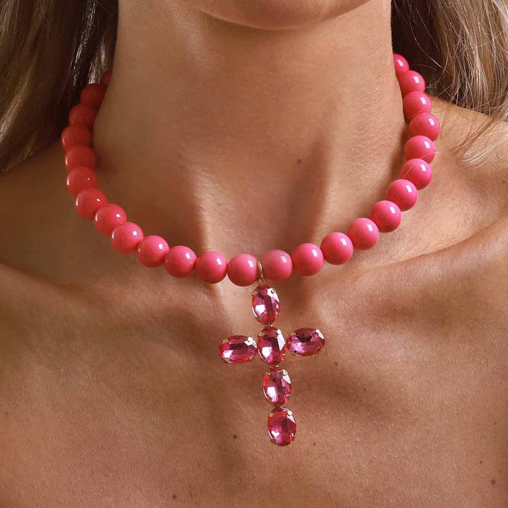 Christianartworkshop Rounded Plastic Bead Jeweled Cross Necklace: Marker for Quiet Meditation - Rose - image 0