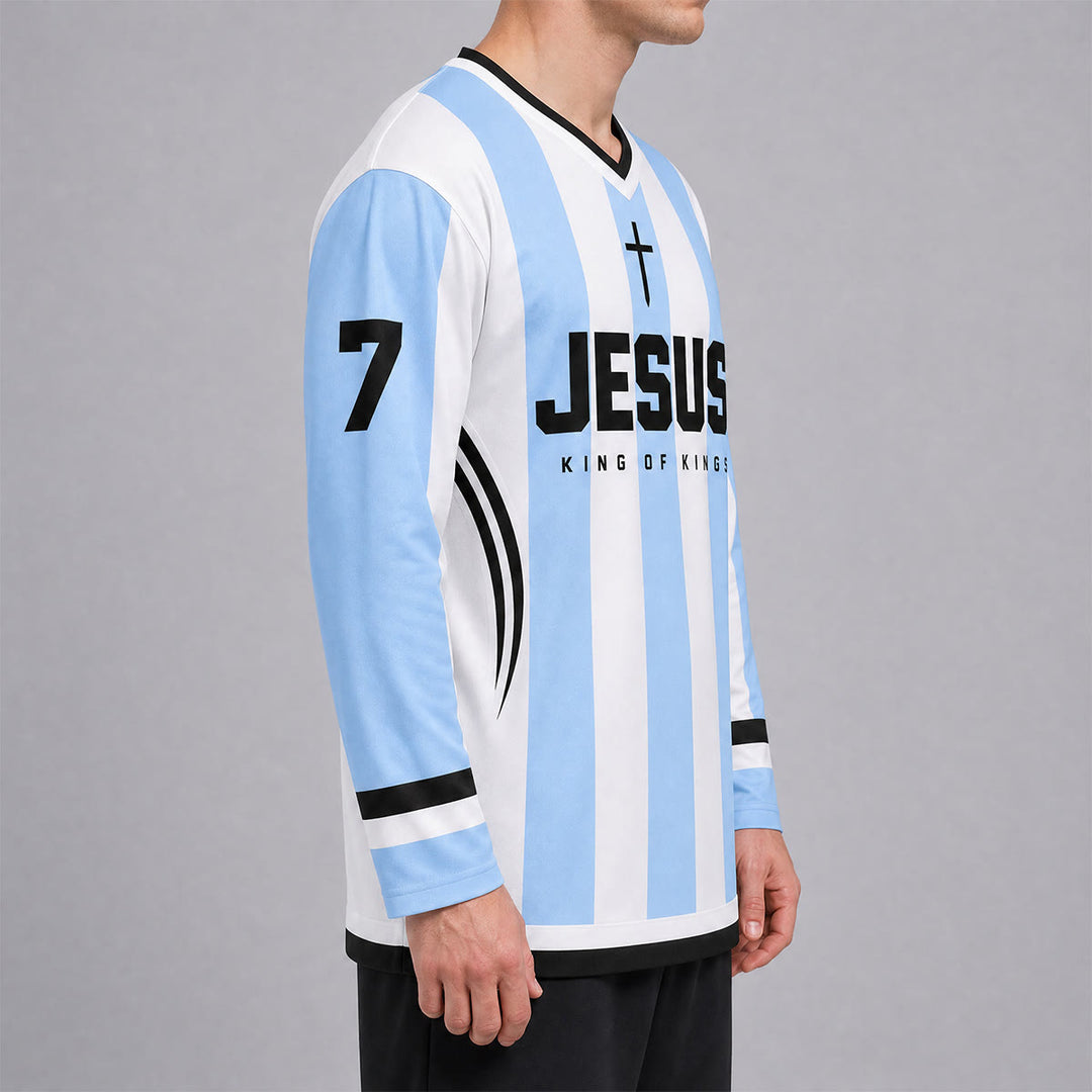 Christianartworkshop Jesus King Of Kings Striped Long Sleeve Hockey Jersey - image 3