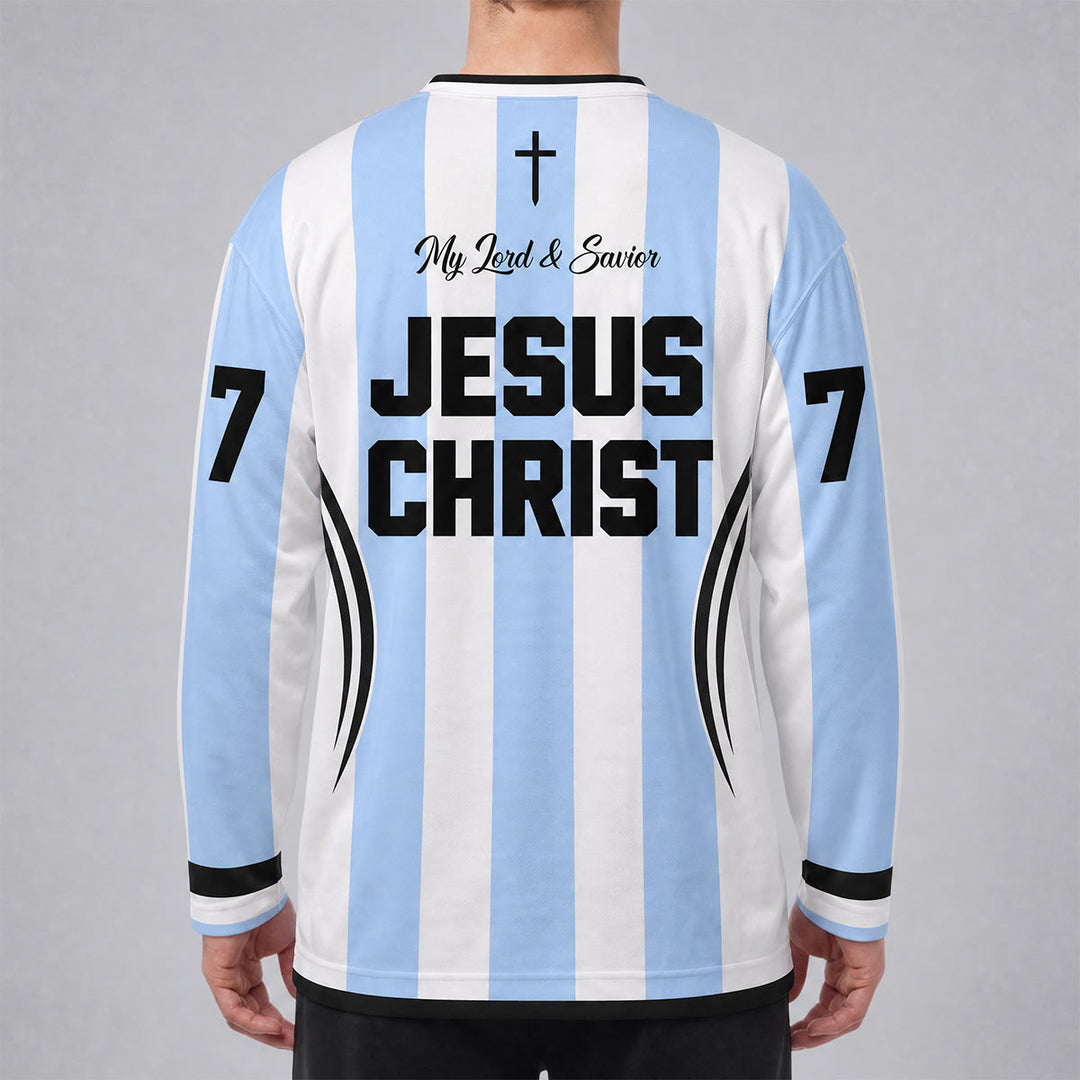 Christianartworkshop Jesus King Of Kings Striped Long Sleeve Hockey Jersey - image 4