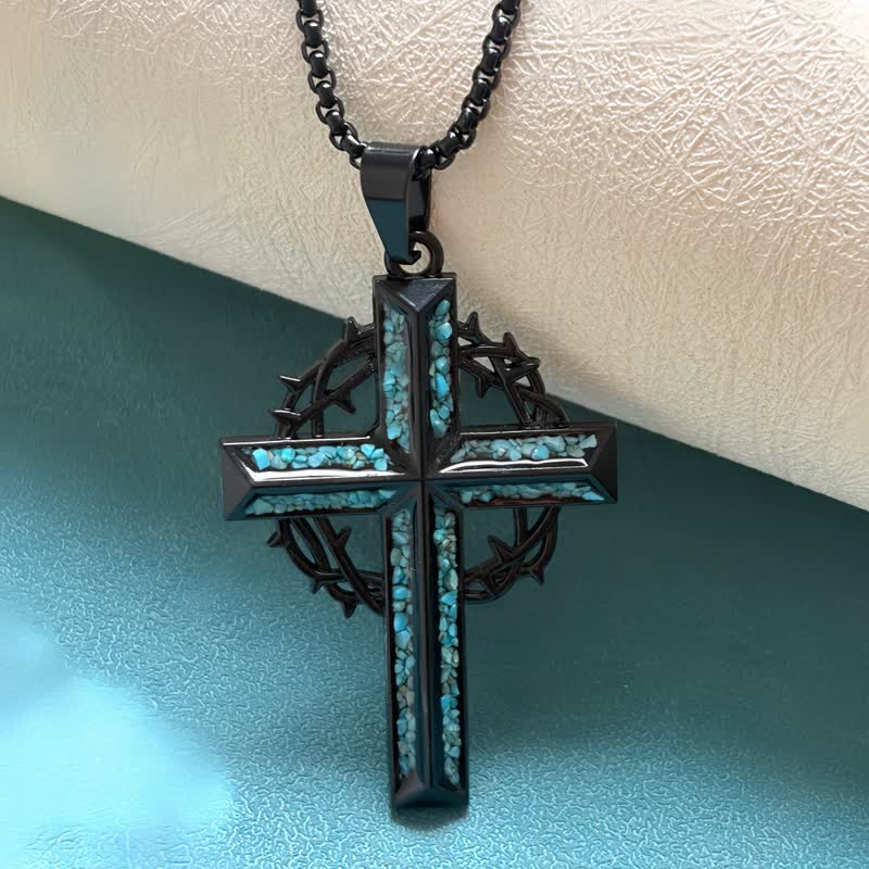 Christianartworkshop Textured Chip Stone Thorn Wreath Cross Necklace: Mark of Unwavering Hope - image 2