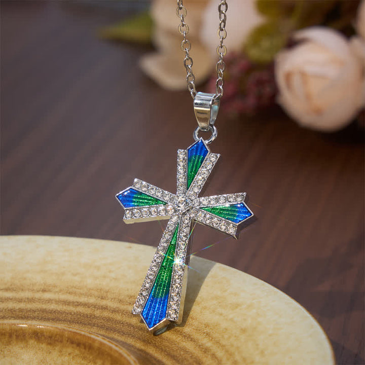Christianartworkshop Iridescent Texture Rhinestone Alloy Cross Pendant Necklace - image 3