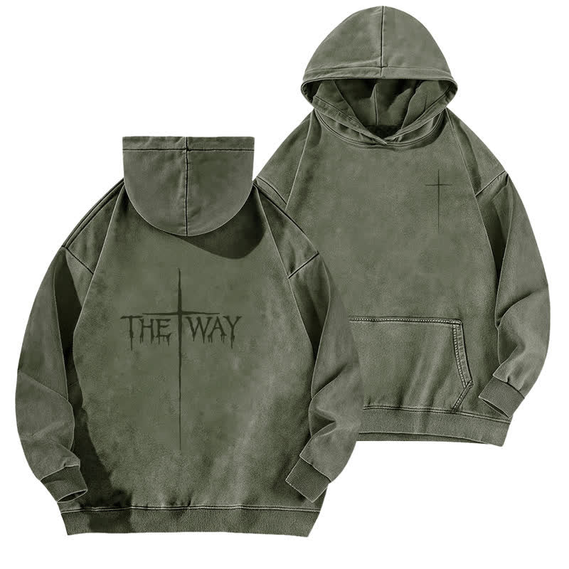 Christianartworkshop The Way Cross Front And Back Washed Hoodie - Army Green - 5XL - image 12