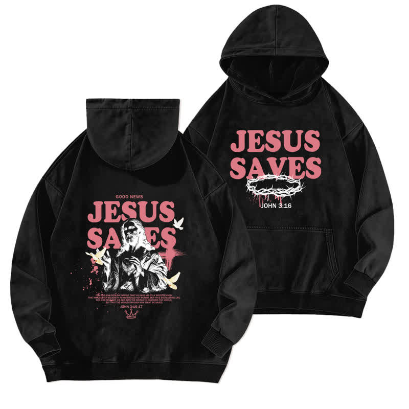 Christianartworkshop Jesus Saves John 3:16 Front And Back Washed Hoodie - Black - 5XL - image 0